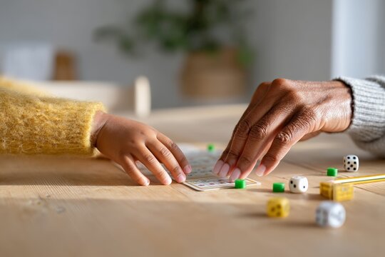 Child and adult hands playing board game together on wooden table