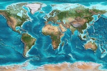 Detailed world map, showing topography and ocean floor