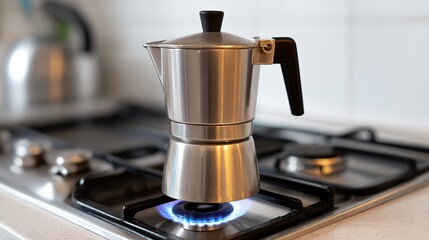 Stainless steel stovetop espresso maker on gas stove in modern kitchen setting