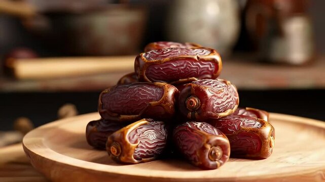 Wooden Plate Stacked with Medjool Dates in a Rustic Setting