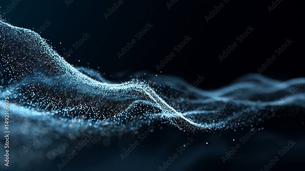 Poster abstract digital wave of glowing particles forming a futuristic 3d point mesh network technology bac