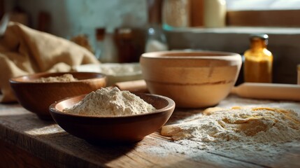Fototapeta premium Rustic kitchen scene with wooden bowls of flour and dough on wooden table in warm lighting