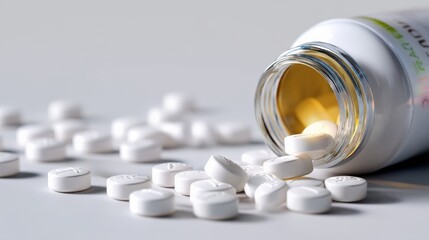 Spilled prescription bottle with white pills on surface