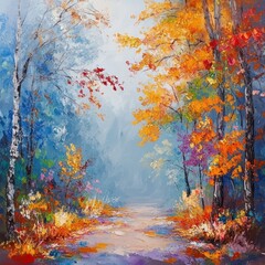 Misty autumn forest path with colorful foliage.