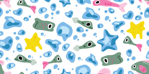 Seamless Ocean Pattern with Fish and Starfish. Fish patterns, sea creatures, and marine elements are presented in playful seamless designs featuring colorful fish, bubbles, and star shapes.