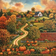 Autumn farmhouse on a hill with pumpkins and winding road.