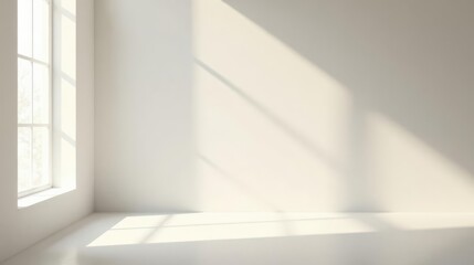 Fototapeta premium Sunlight Illuminates an Empty Room with a Single Window, Creating Soft Shadows on the Walls and Floor, Offering a Serene and Minimalist Setting