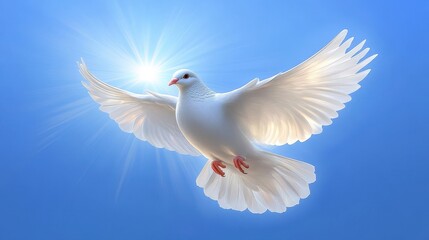 Fototapeta premium White dove soaring in blue sky with radiant sunlight