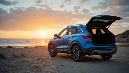 Stylish Blue SUV with Open Trunk at Sunset on a Beach with Ocean Waves in the Background