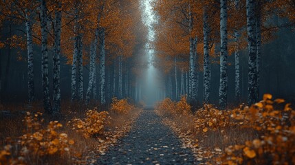 Autumnal forest path in mist