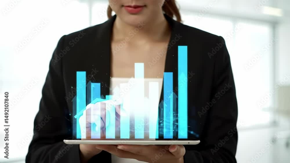 Poster a young asian woman analyzing data on a tablet with virtual graphs in a modern office environment, d