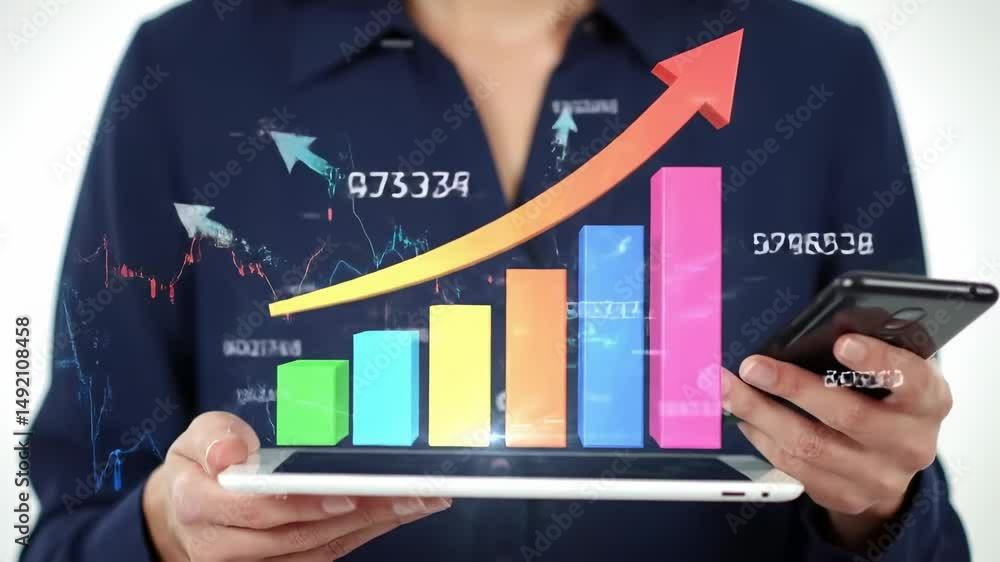 Poster professional adult female analyzing data on tablet with graphs and charts for business intelligence 