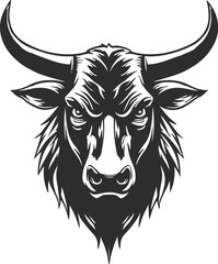 Bull head silhouette icon in black color, aggressive bull head with large and sharp horns.