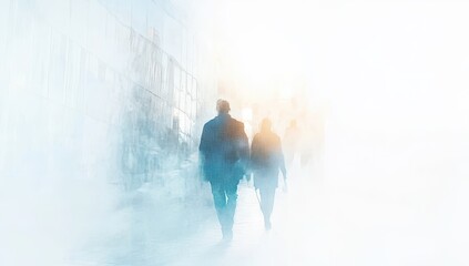 Silhouetted figures walking in a hazy city street