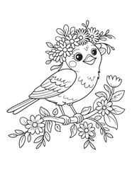 Spring Cute Baby Bird Line Art Coloring Page, Floral Bird 
