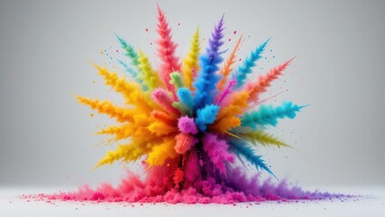 Vibrant Color Explosion with Multi-Hued Powder Bursting Against a Neutral Background