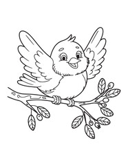Spring Cute Baby Bird Setting On Tree, Adorable Bird Kids Line Art Coloring Pages