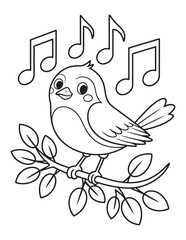 Singing Bird with Musical Notes  Line Art Coloring Page