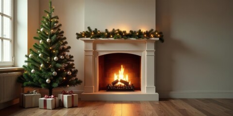 Cozy Christmas scene with a decorated tree, presents, and a warm fireplace
