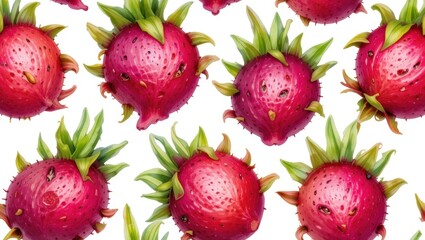 Vibrant Red Strawberries with Unique Green Caps on a Bright White Background in a Decorative Pattern