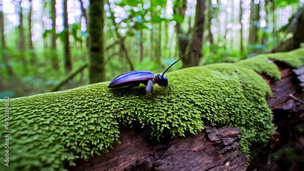 Poster iridescent beetle resting on a mossy log in a green forest, exploring nature in a blurred background