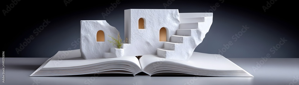 Poster a mysterious old book with pages unfolding into a staircase, leading to an unknown void, dark yet in