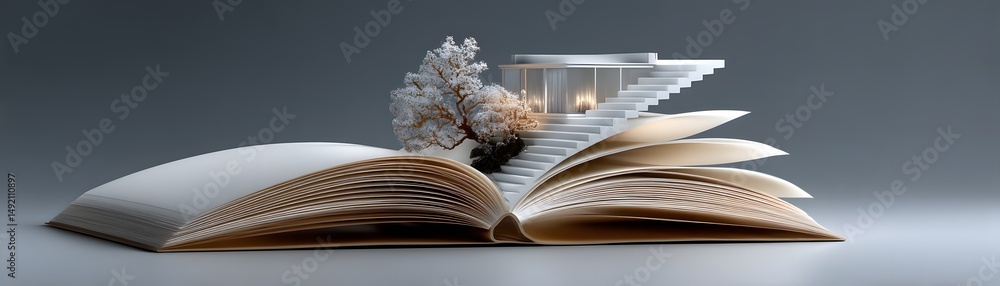 Aufkleber a mysterious old book with pages unfolding into a staircase, leading to an unknown void, dark yet in