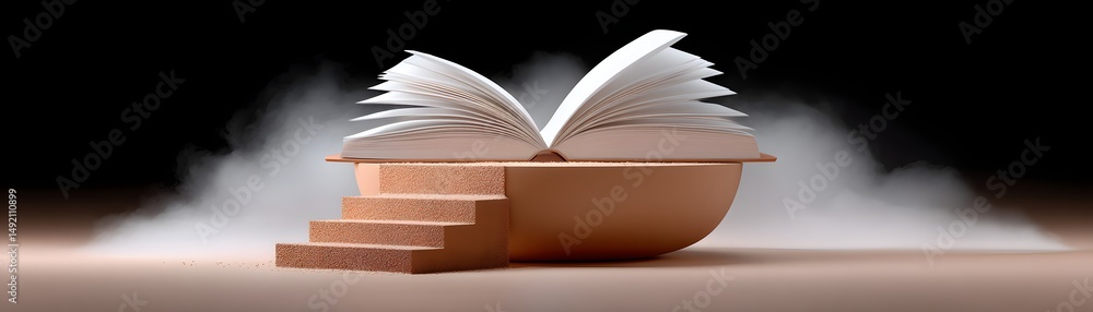 Poster a mysterious old book with pages unfolding into a staircase, leading to an unknown void, dark yet in