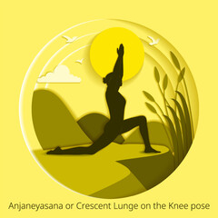 International Yoga Day. Anjaneyasana pose. Crescent Lunge on the Knee pose. Paper cut design. Isolated vector illustration.