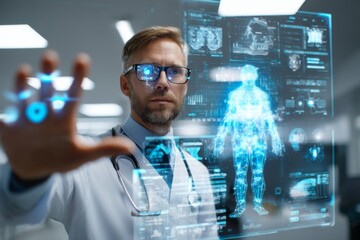 Doctor analyzing medical data through a transparent AI interface