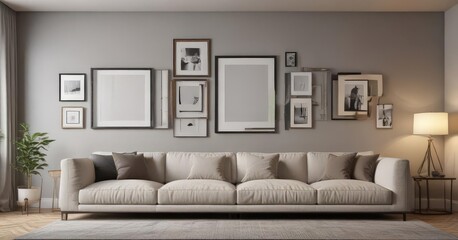 Stylish empty frames adorn a modern living room wall,  decor,  art