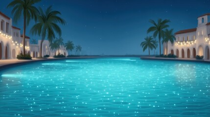Fototapeta premium Enchanting night scene by a shimmering lagoon surrounded by warm palm trees and beautifully lit architecture under a starlit sky creating a tranquil and inviting atmosphere for relaxation