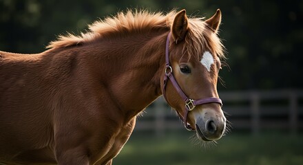 Fototapeta premium Portrait of a Brown Horse with White Star on Forehead Wearing Halter