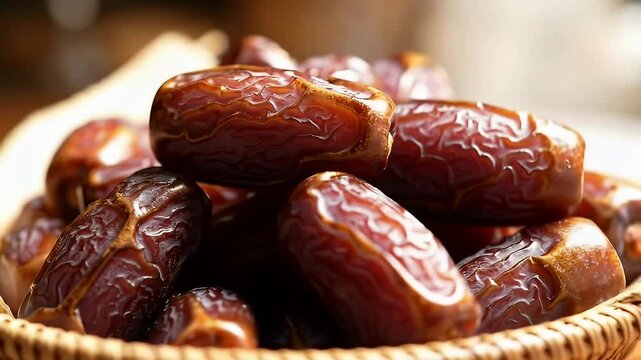 Pile of Glossy Medjool Dates Close-Up Showing Smooth and Wrinkled Skin