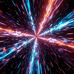 The image features a vibrant, dynamic cosmic burst radiating outwards in a radial pattern, creating a sense of speed and movement, with a multitude of colorful light streaks against a dark backdrop.
