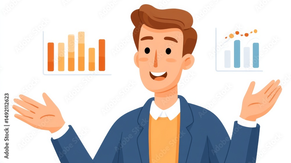 Aufkleber businessperson enthusiastically presenting data with bar charts and line graphs in a bright modern o
