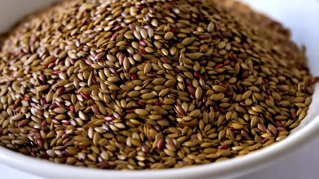 Close-up of a mound of gold of pleasure seeds with reddish hues in a white bowl on a bright neutral surface.