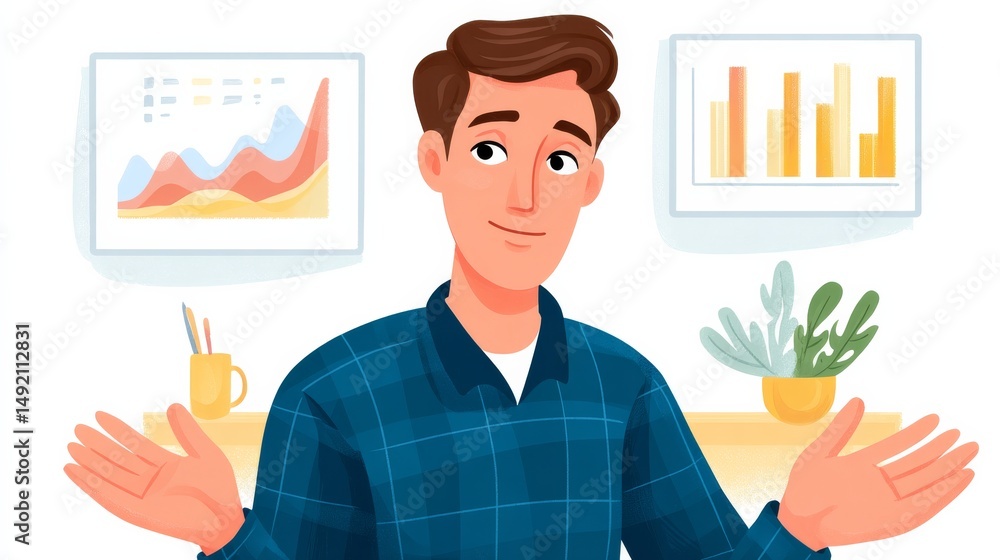 Poster cheerful financial advisor explaining data charts in a modern office setting