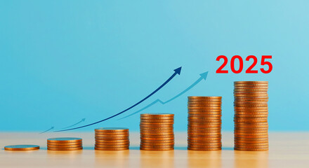Stacks of coins showing growth with arrows and the year twenty twenty five on a blue background