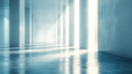 Sunlit modern corridor with reflective floor and geometric architecture
