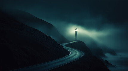 Dreamlike Lighthouse Scene with Winding Road in Heavy Foggy Atmosphere