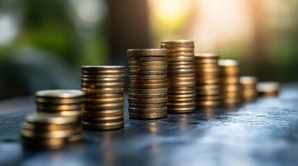 Stacked coins in increasing order on sunlit outdoor surface
