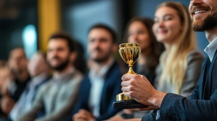 Recognition and triumph concept: Person holding a gold trophy with people
