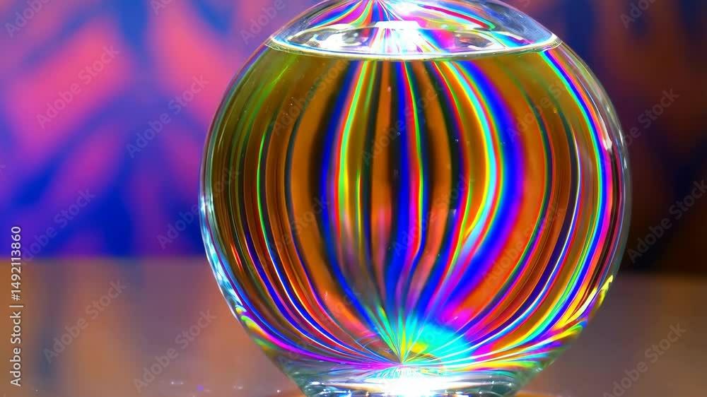 Poster abstract rainbow light refraction in a sphere-shaped glass with liquid and colorful background, crea