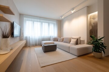 Clean living room with a sleek sofa, wooden floors, and neutral decor for a minimalist touch.