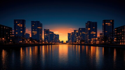 Obraz premium City skyline at sunset over calm water