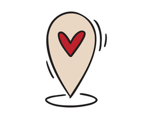 Geoposition or location pin heart. place on the map love icon doodle hand drawn. colorful cartoon drawing clipart symbol