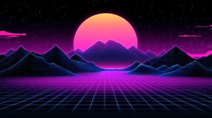 Retrofuturistic grid landscape at sunset