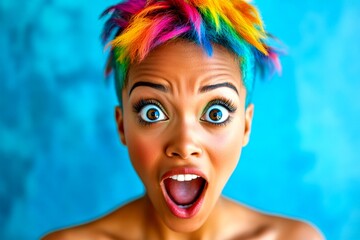 Commercial promotion conceptual art. Short trim - multicolored hair. Gorgeous very astonished black girl - for ads, ad page and digital use. Fashion model ads. Urban style ads. Black girl ad.