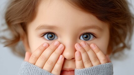 Young Child Covering Face with Hands and Showing Fearful Expression with Wide Blue Eyes
